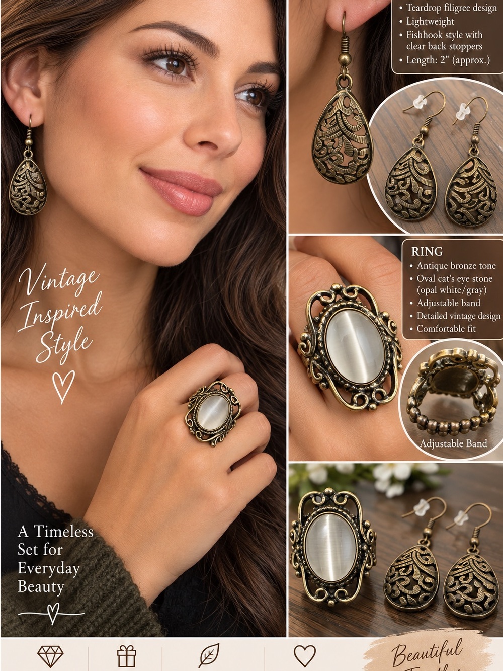 Vintage-Inspired Bronze Ring with Oval Cat's Eye Stone - White/Gray